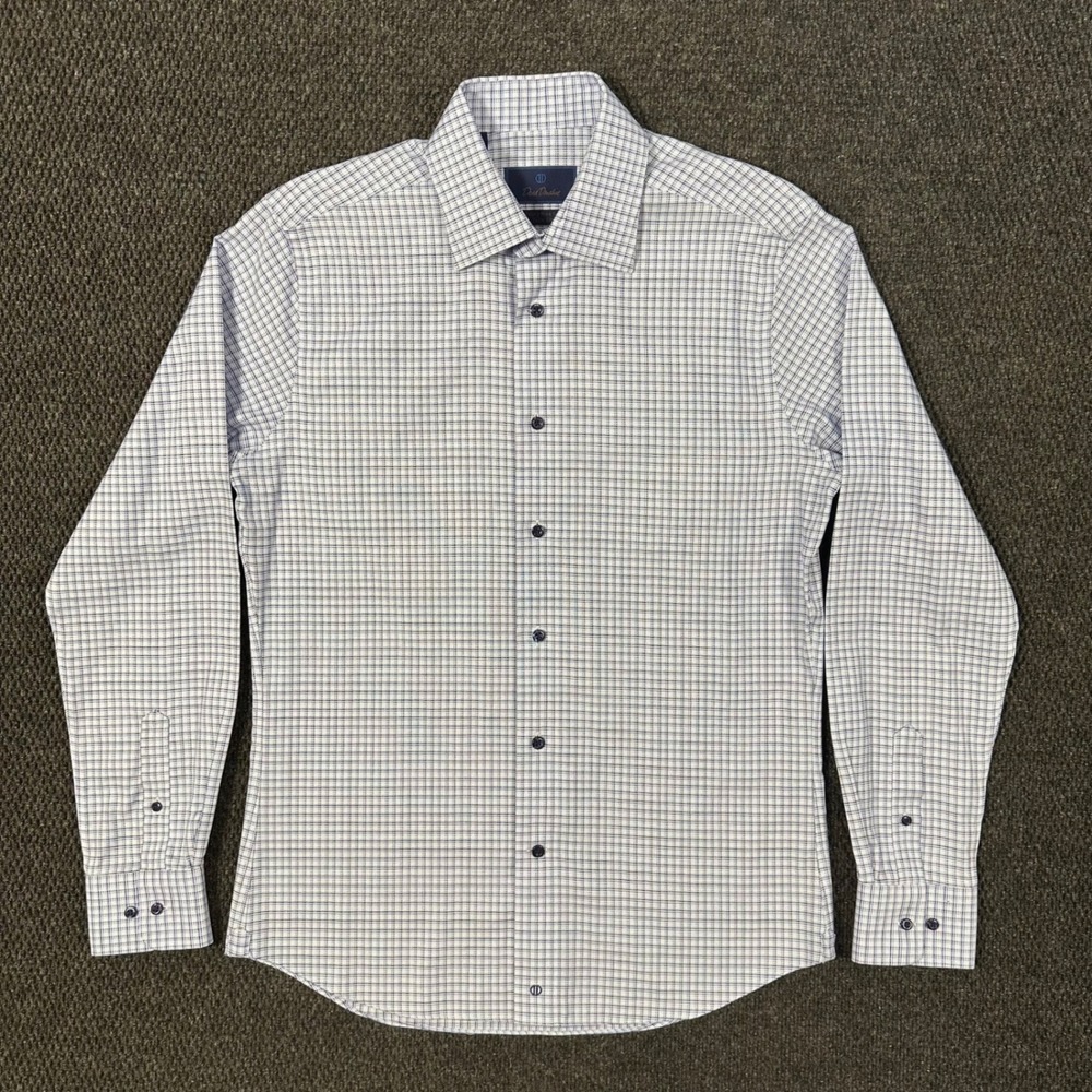 David Donahue Dress Shirt Mens 15.5 34/35  Trim Fit Blue White Check Luxury